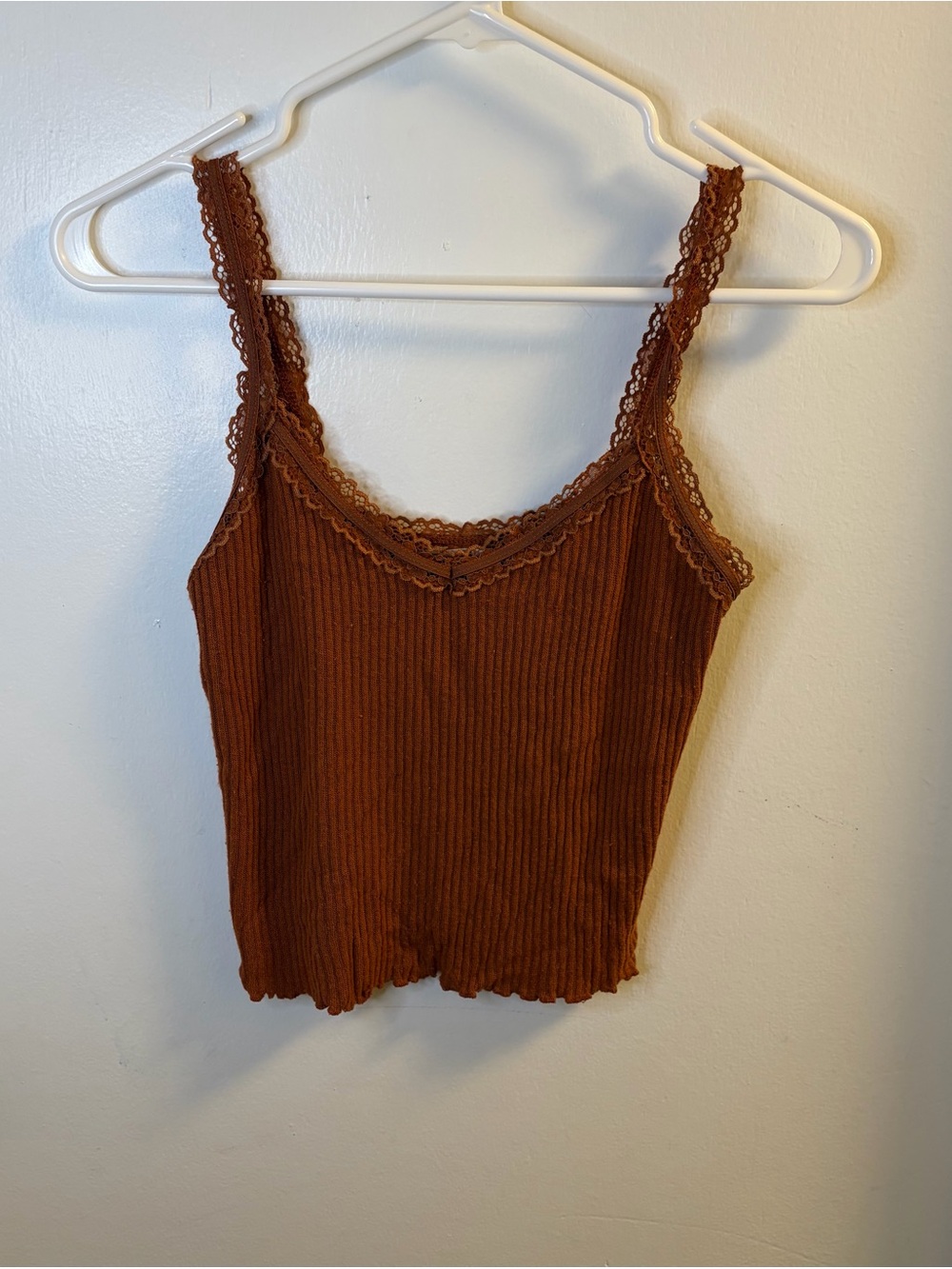 Stradivarius Rust Brown Ribbed Tank Top with Lace Trim Size S